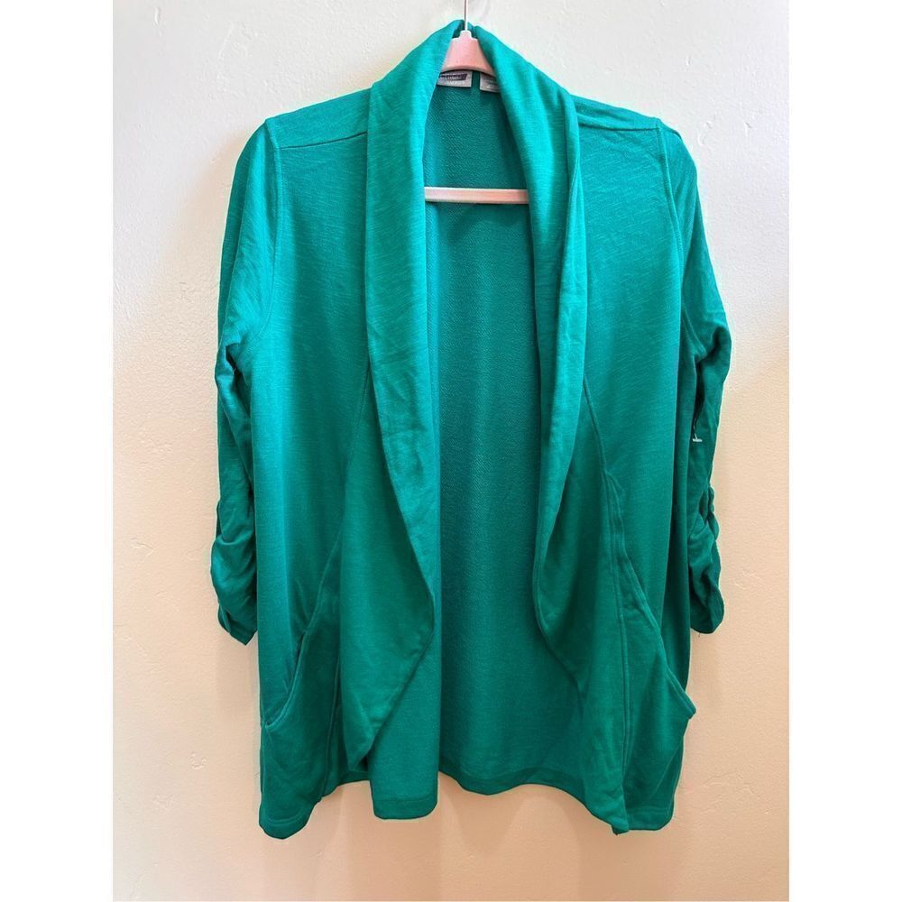 Chico’s Lucky Green Open Front Drape Cardigan Chico’s Size 1 or a Size 8